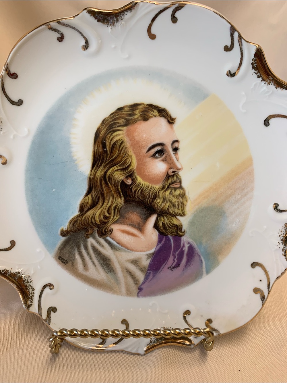Decorative Porcelain Religious Accent Plate in White and Gold